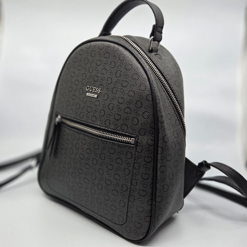 GUESS Los Angeles Mini Backpack Black Logo Print Zip Pocket Womens Bag